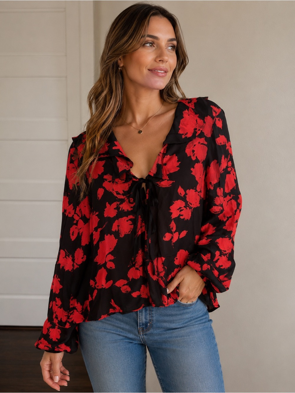 Loft Black & Red Floral Tie-Neck Blouse